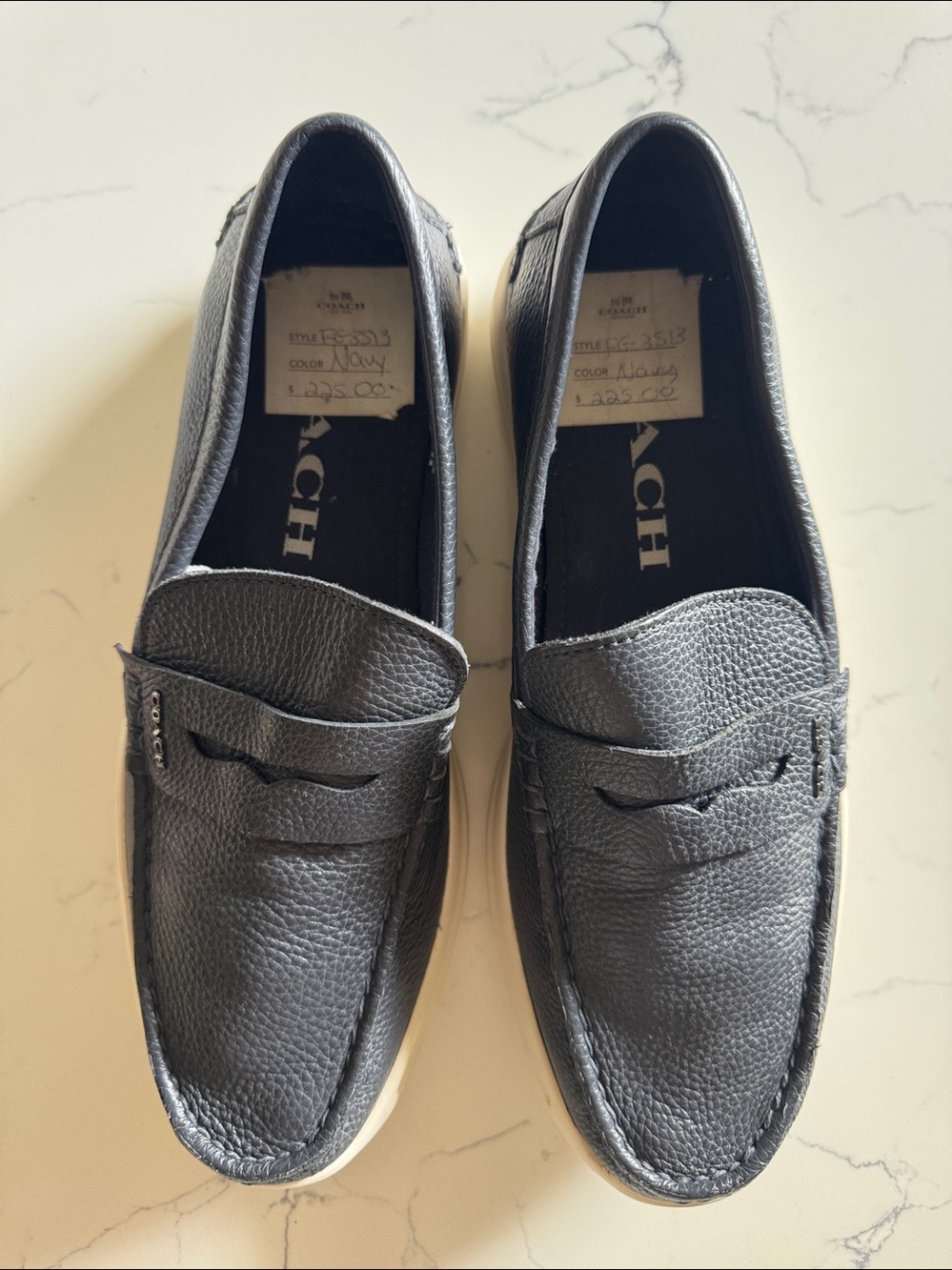 Coach Navy Pebbled Leather Penny Loafers with White Contrast Soles